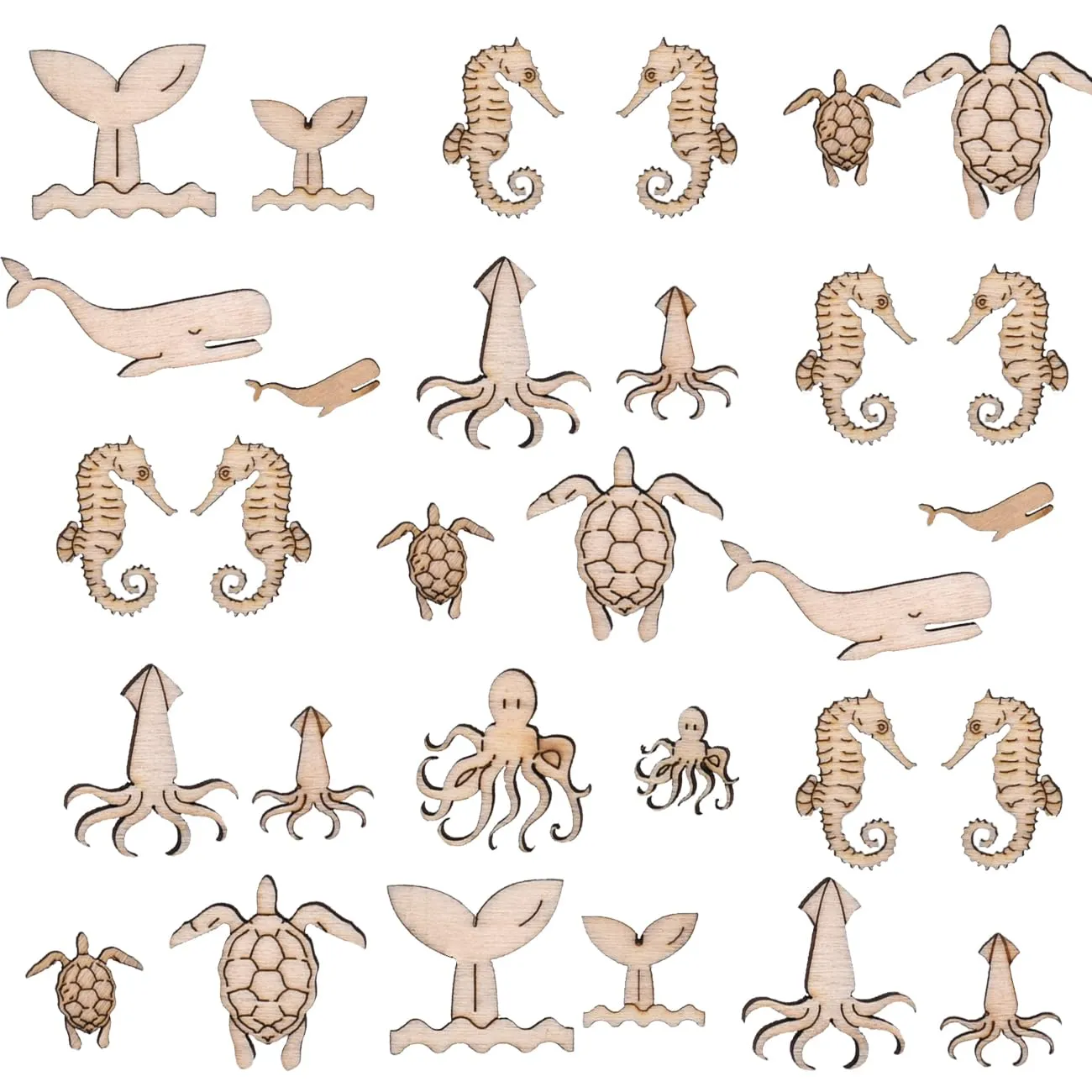 100 Pcs Unfinished Wooden Ocean Sea Animal Life Cutouts Blanks Whale Ocean Crafting Home Wooden Life Craft Art Project for Ornament Crafts
