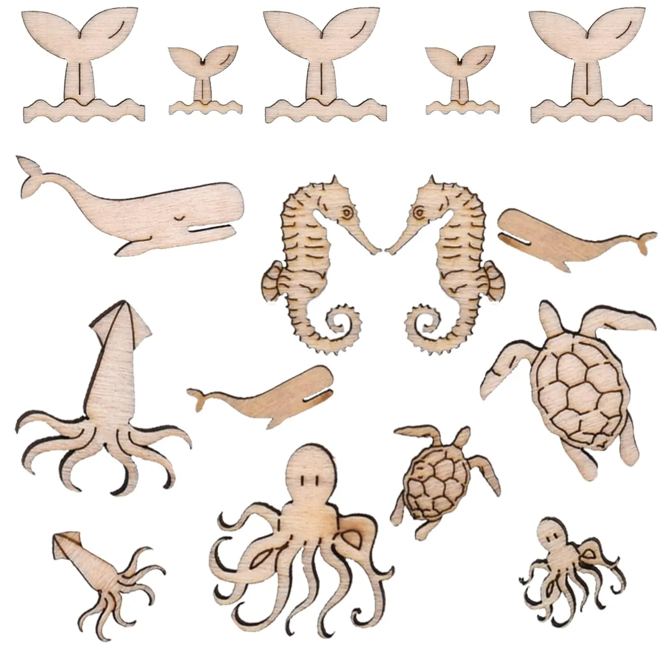 100 Pcs Unfinished Wooden Ocean Sea Animal Life Cutouts Blanks Whale Ocean Crafting Home Wooden Life Craft Art Project for Ornament Crafts