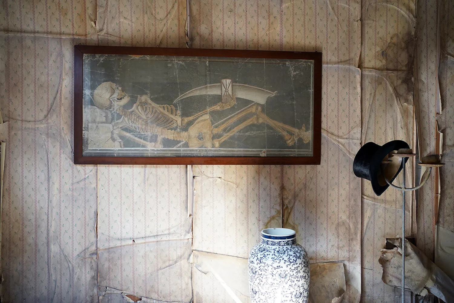 A Large Early 20thC Italian Oil on Canvas Memento Mori Painting of a Skeleton