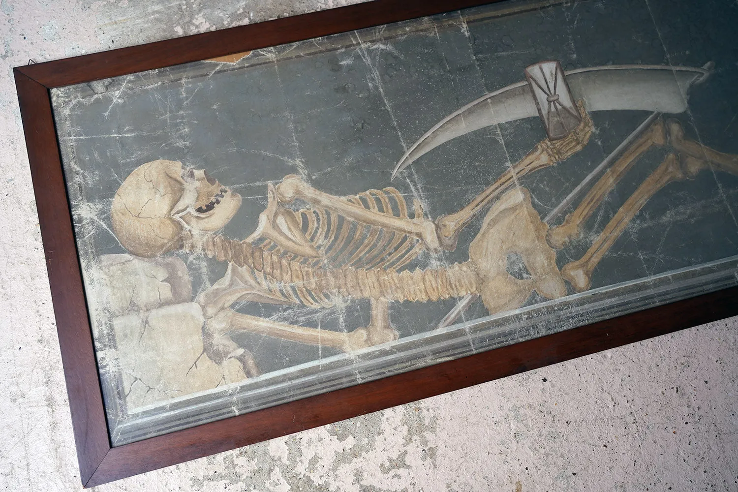 A Large Early 20thC Italian Oil on Canvas Memento Mori Painting of a Skeleton