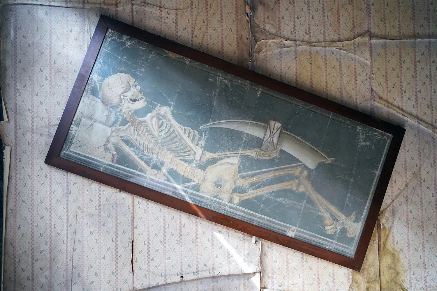 A Large Early 20thC Italian Oil on Canvas Memento Mori Painting of a Skeleton