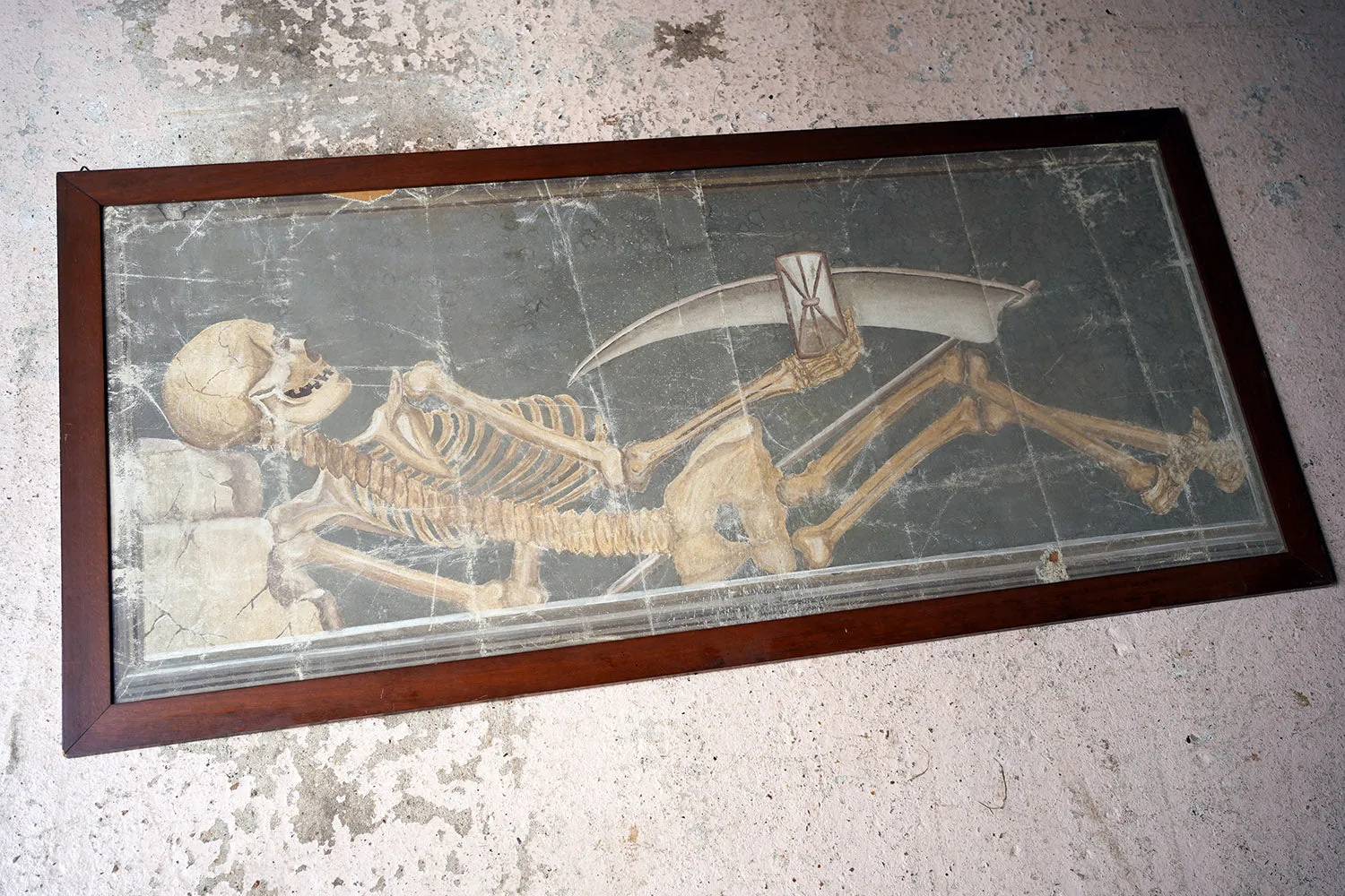 A Large Early 20thC Italian Oil on Canvas Memento Mori Painting of a Skeleton