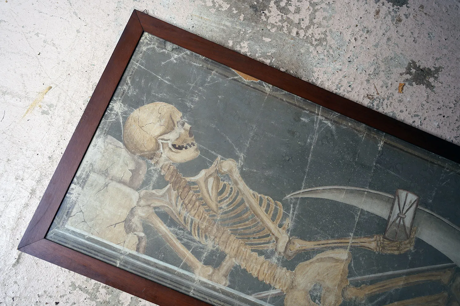 A Large Early 20thC Italian Oil on Canvas Memento Mori Painting of a Skeleton