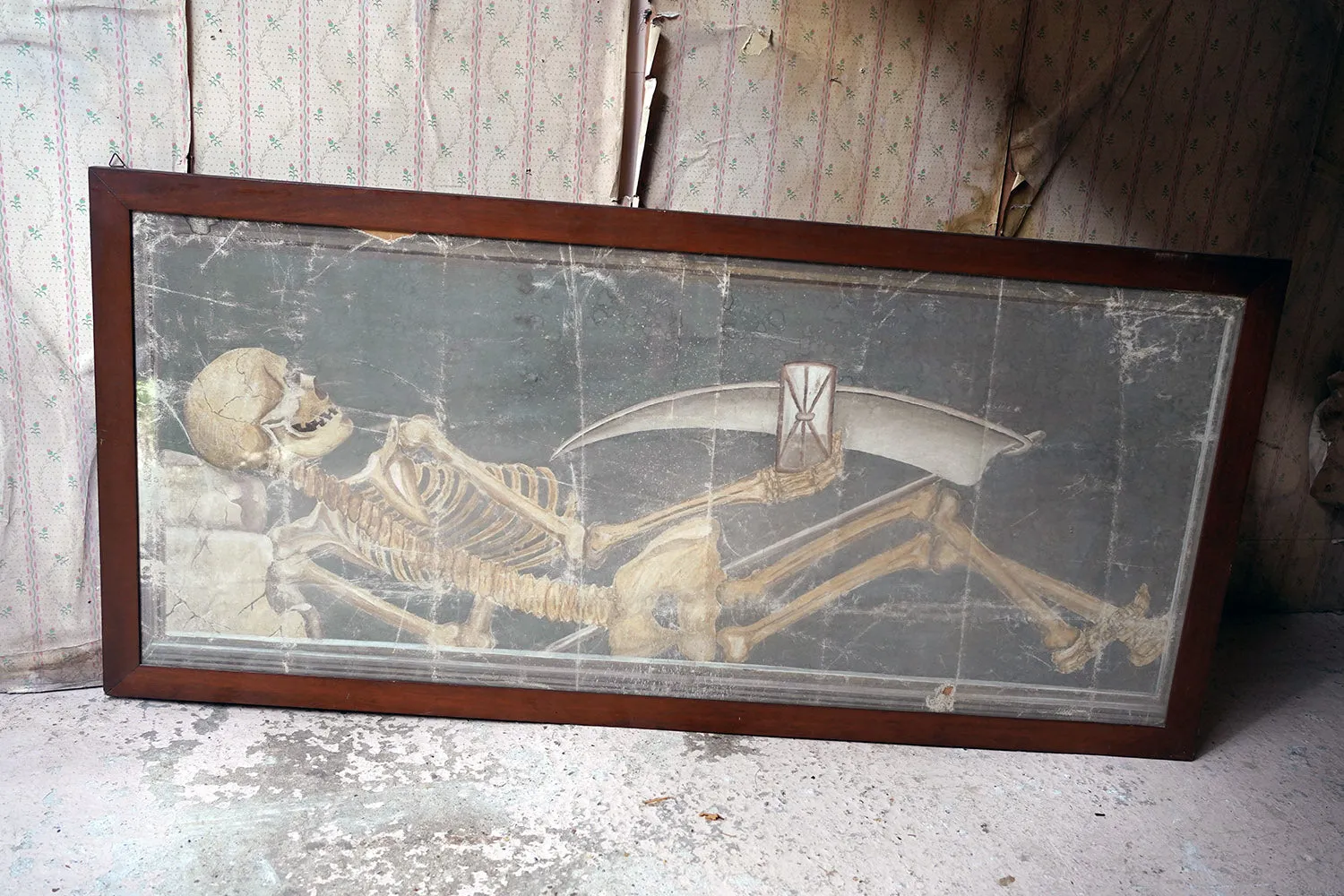 A Large Early 20thC Italian Oil on Canvas Memento Mori Painting of a Skeleton