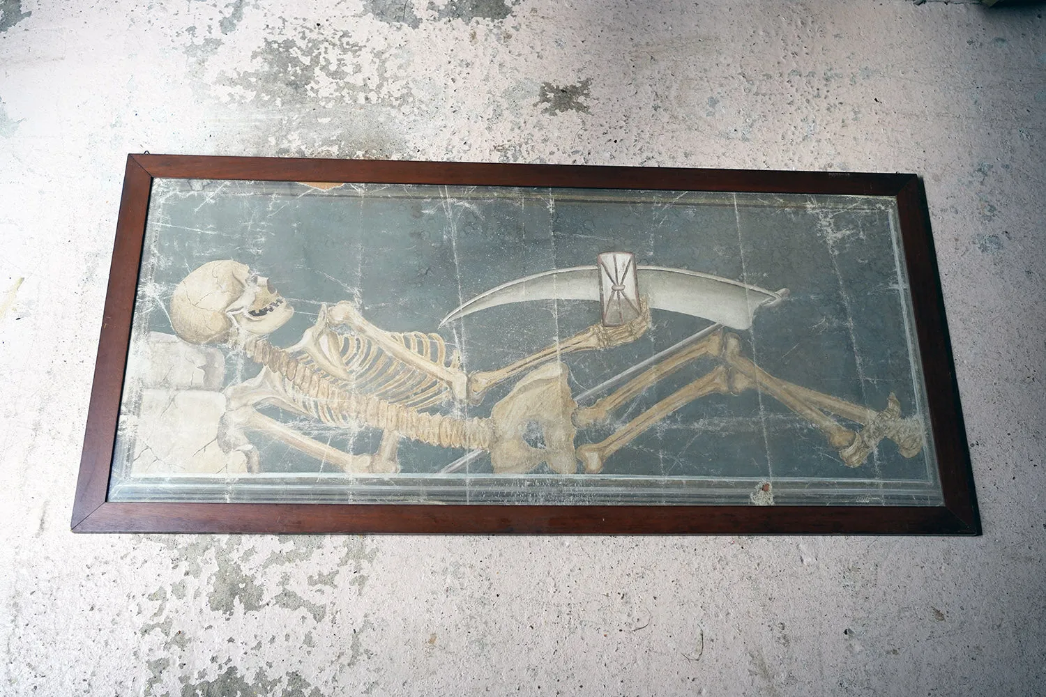 A Large Early 20thC Italian Oil on Canvas Memento Mori Painting of a Skeleton