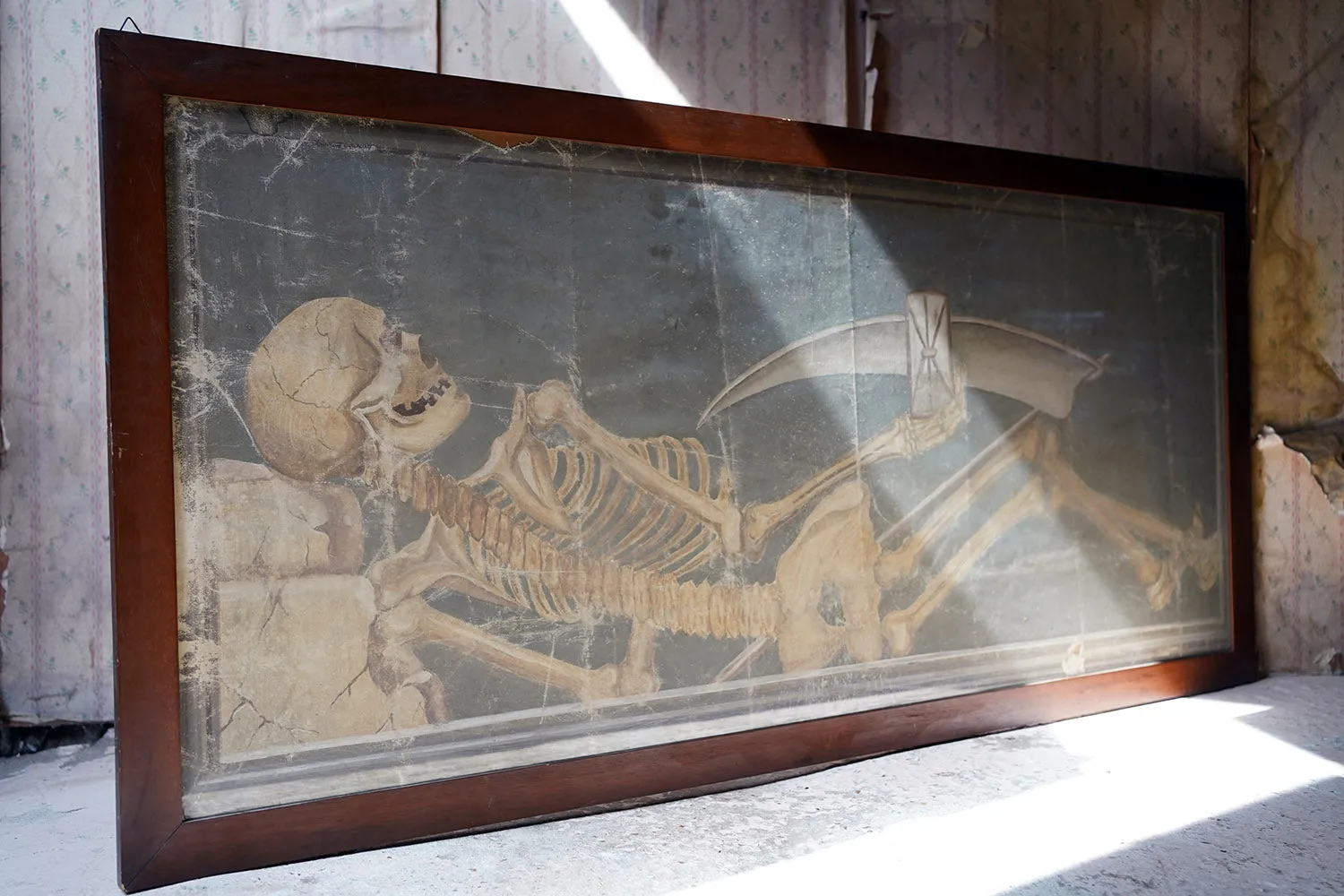 A Large Early 20thC Italian Oil on Canvas Memento Mori Painting of a Skeleton