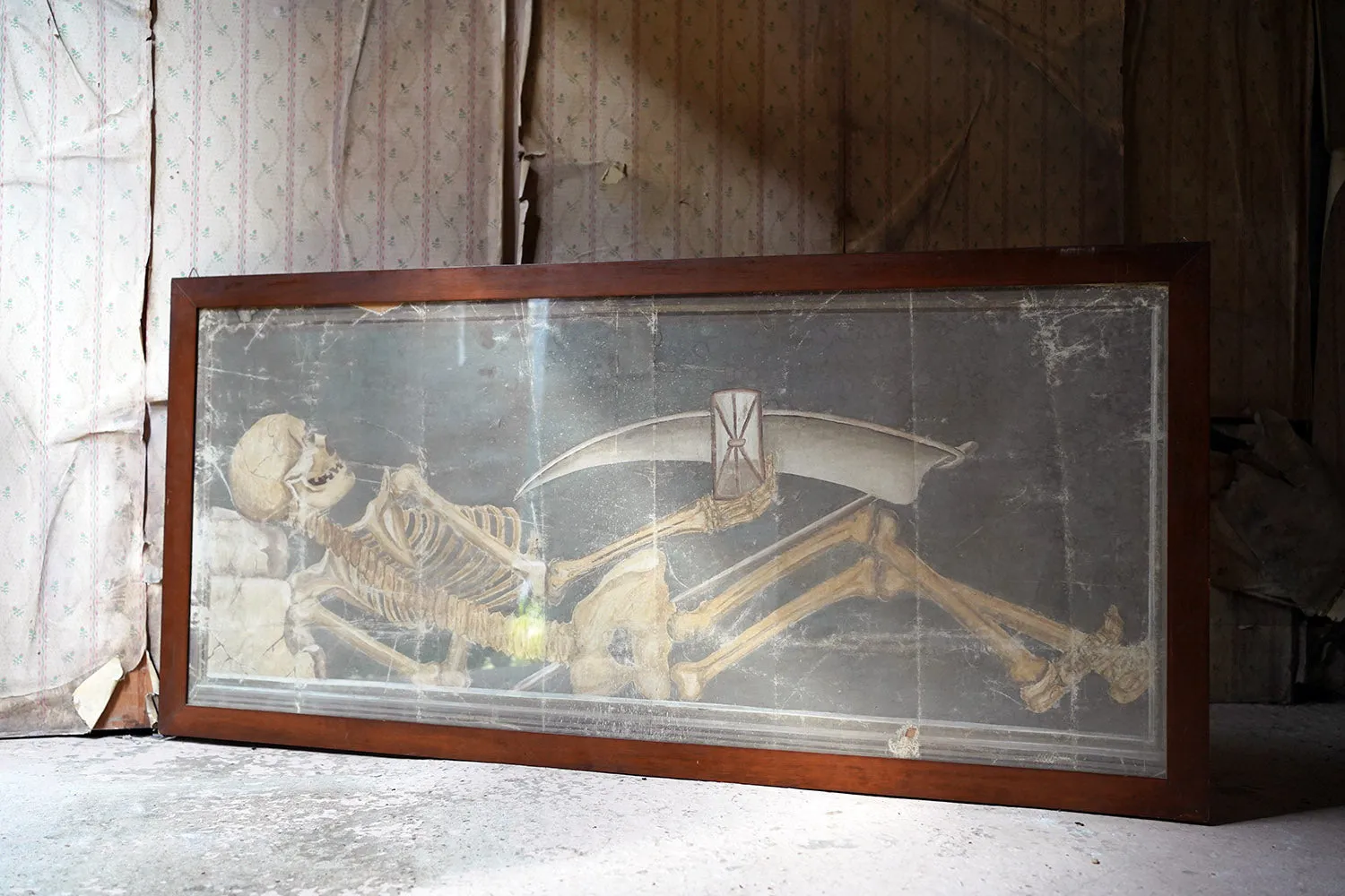 A Large Early 20thC Italian Oil on Canvas Memento Mori Painting of a Skeleton