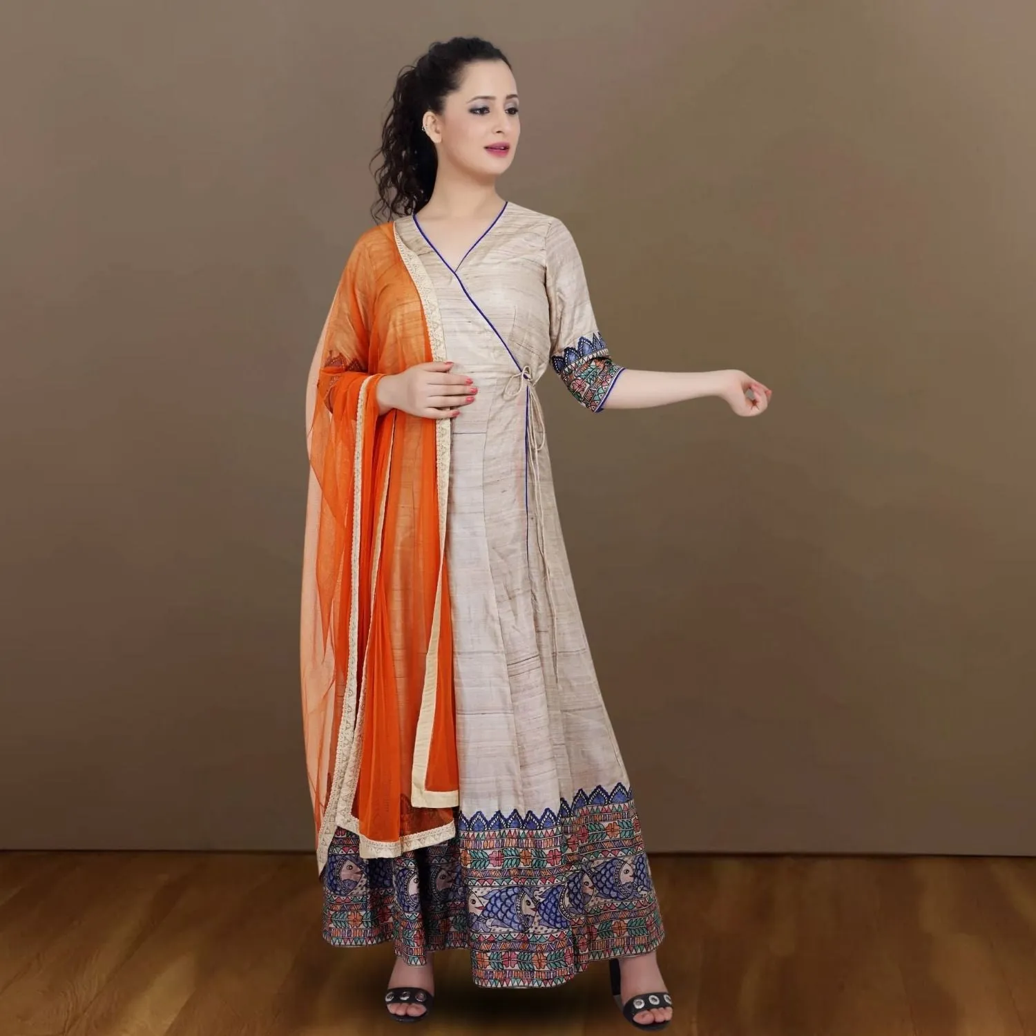 Eyana Tussar Silk Angarakha Set | Madhubani Hand-Painted | Festive Wear