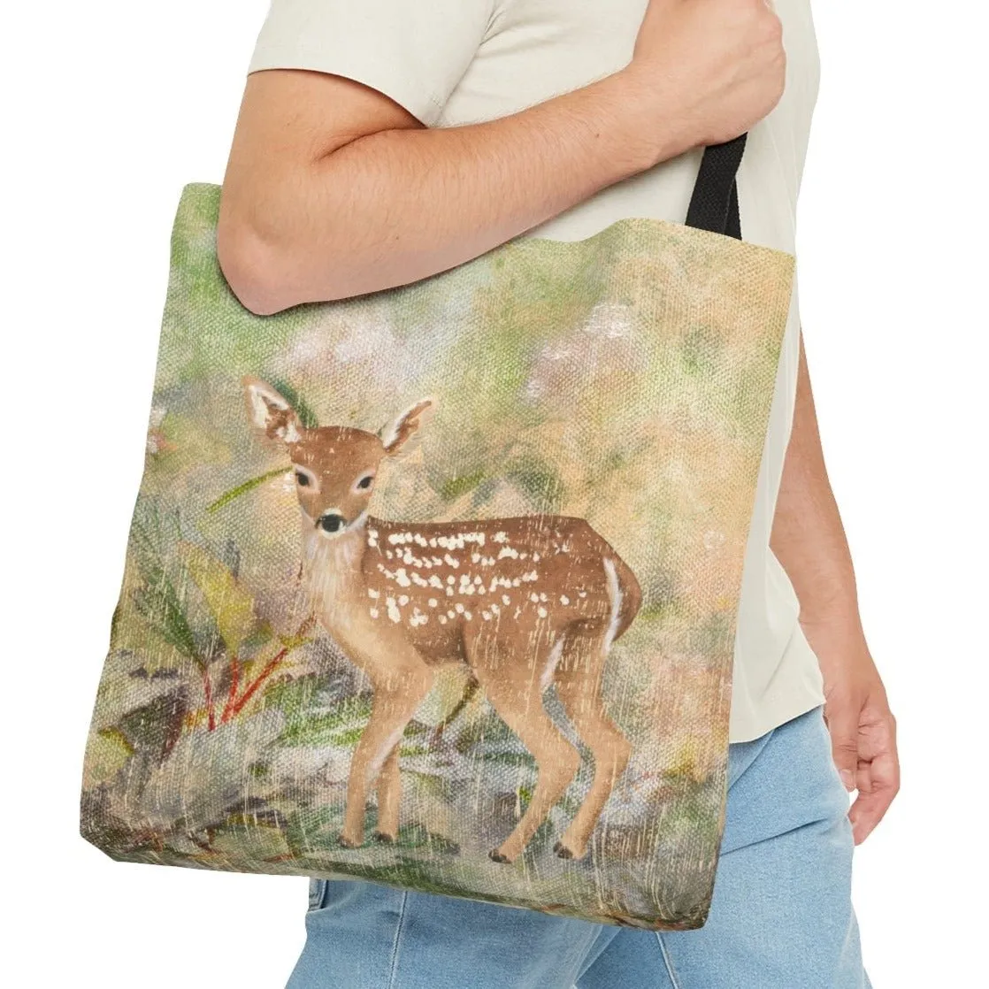 Fawn in Watercolor Nature Scene Large Tote Bag - Whimsical Wildlife-Inspired Accessory