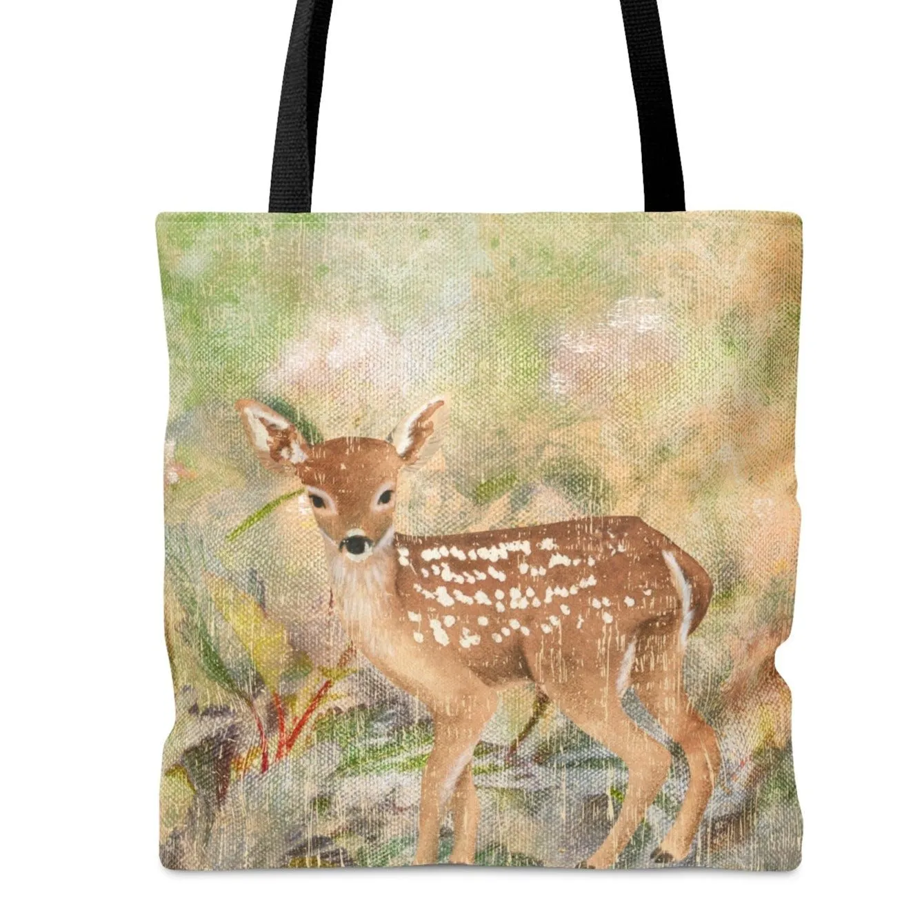 Fawn in Watercolor Nature Scene Large Tote Bag - Whimsical Wildlife-Inspired Accessory