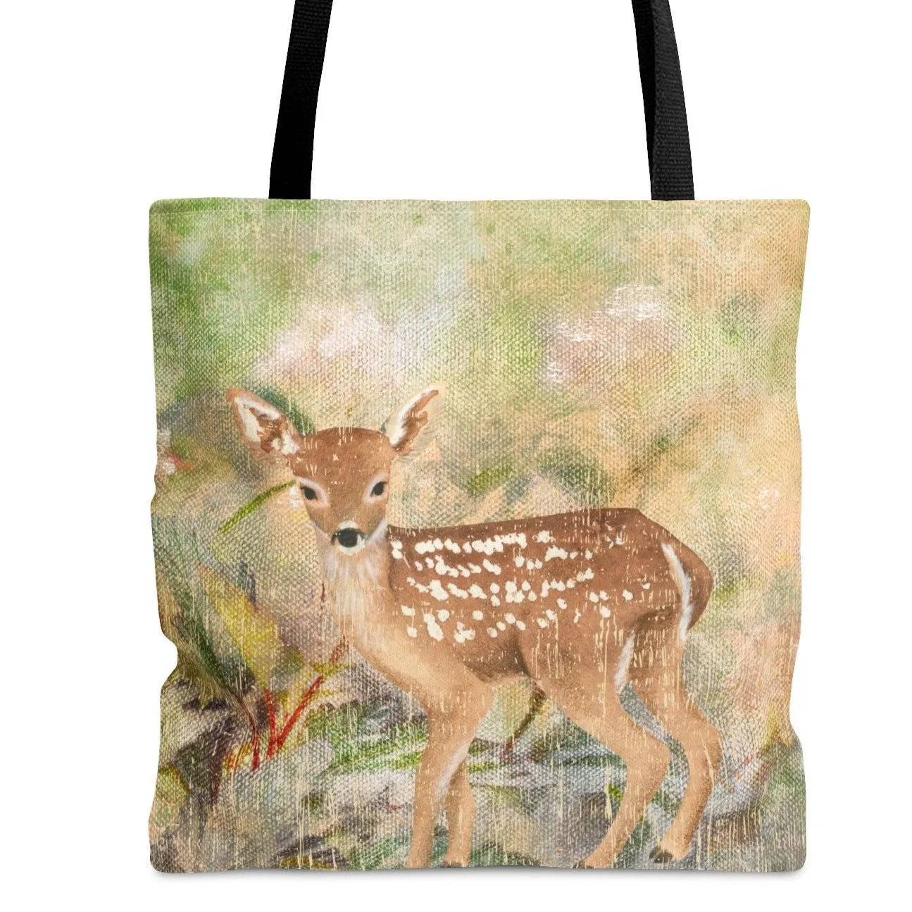 Fawn in Watercolor Nature Scene Large Tote Bag - Whimsical Wildlife-Inspired Accessory