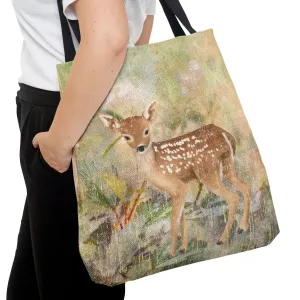 Fawn in Watercolor Nature Scene Large Tote Bag - Whimsical Wildlife-Inspired Accessory