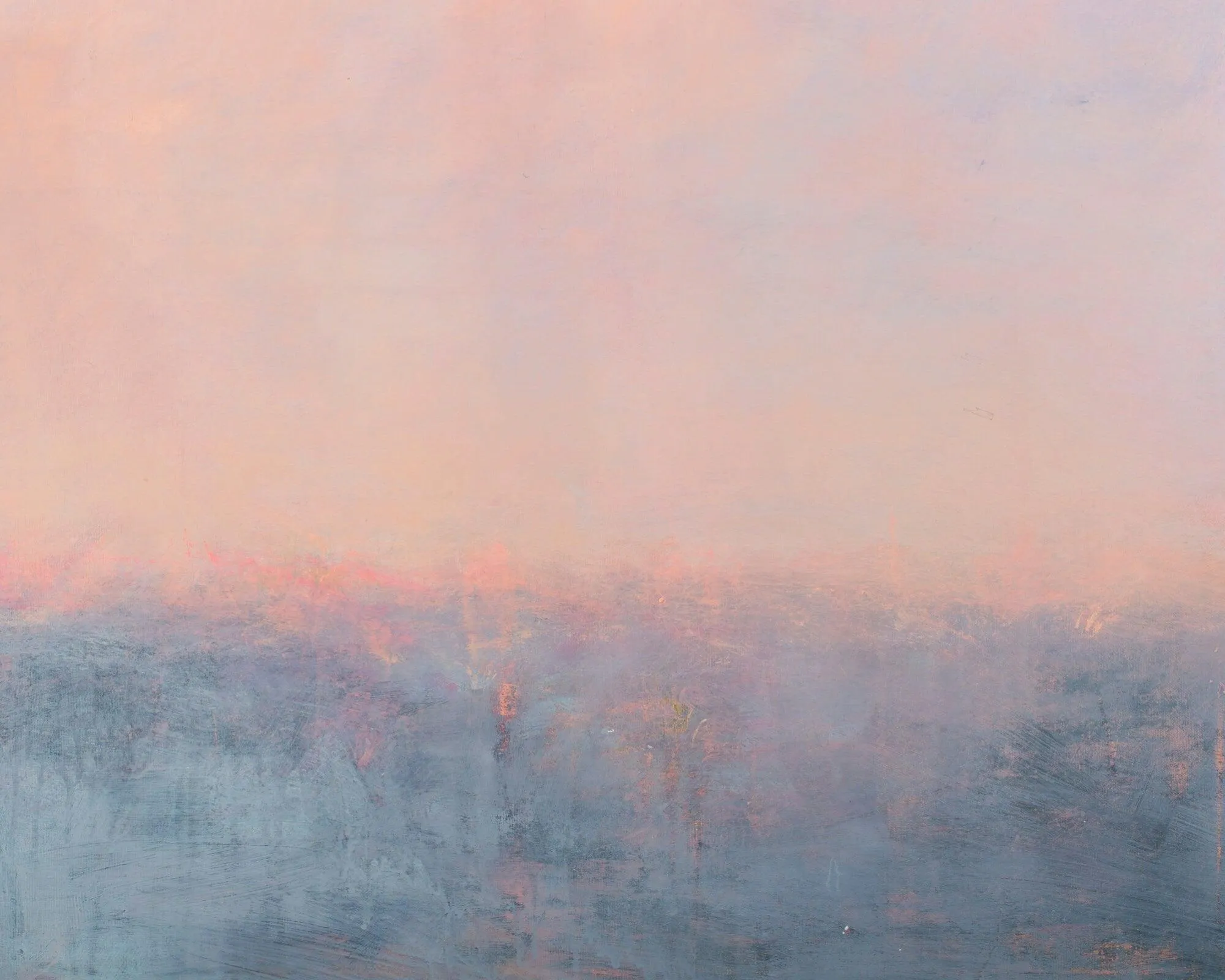 Original ocean wall art, Misty peach and blue sea abstract painting on canvas by Camilo Mattis