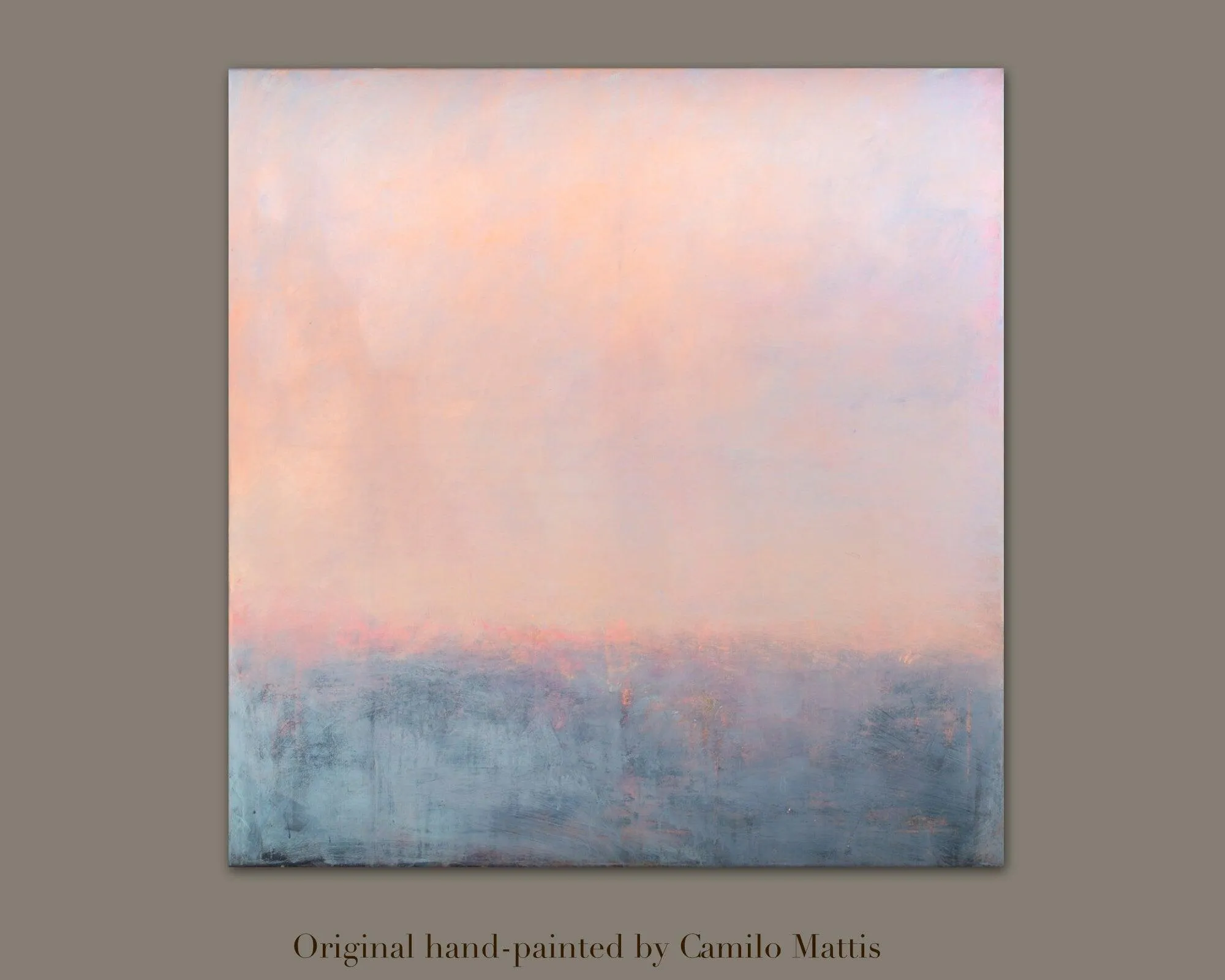 Original ocean wall art, Misty peach and blue sea abstract painting on canvas by Camilo Mattis