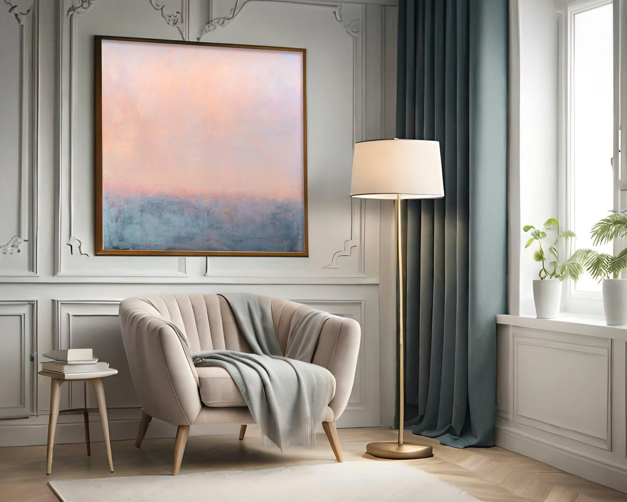 Original ocean wall art, Misty peach and blue sea abstract painting on canvas by Camilo Mattis