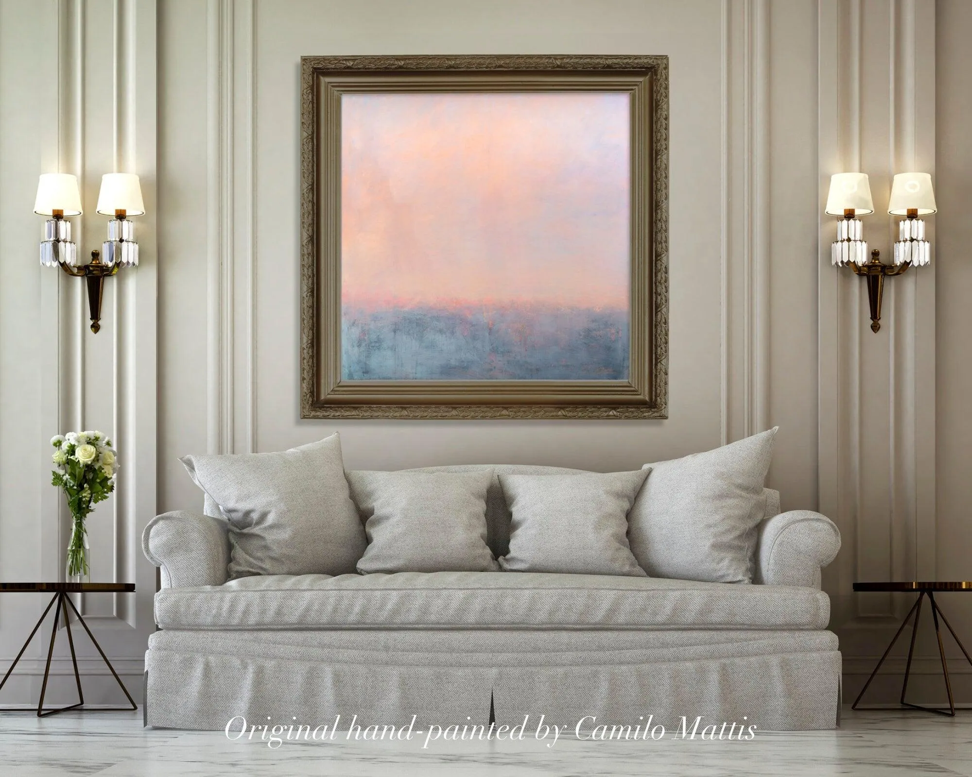 Original ocean wall art, Misty peach and blue sea abstract painting on canvas by Camilo Mattis